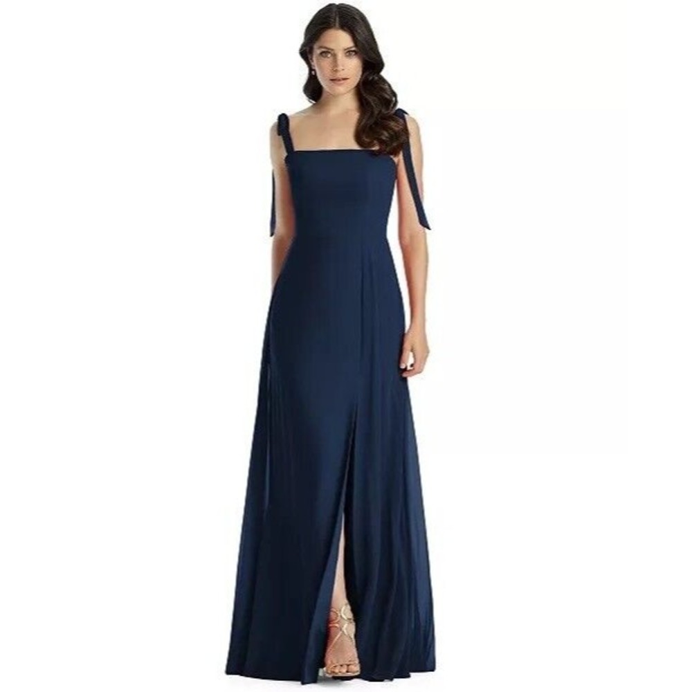 Dessy Collection Size 10 Midnight Navy Tie Strap Chiffon Gown Bridesmaid NWOT